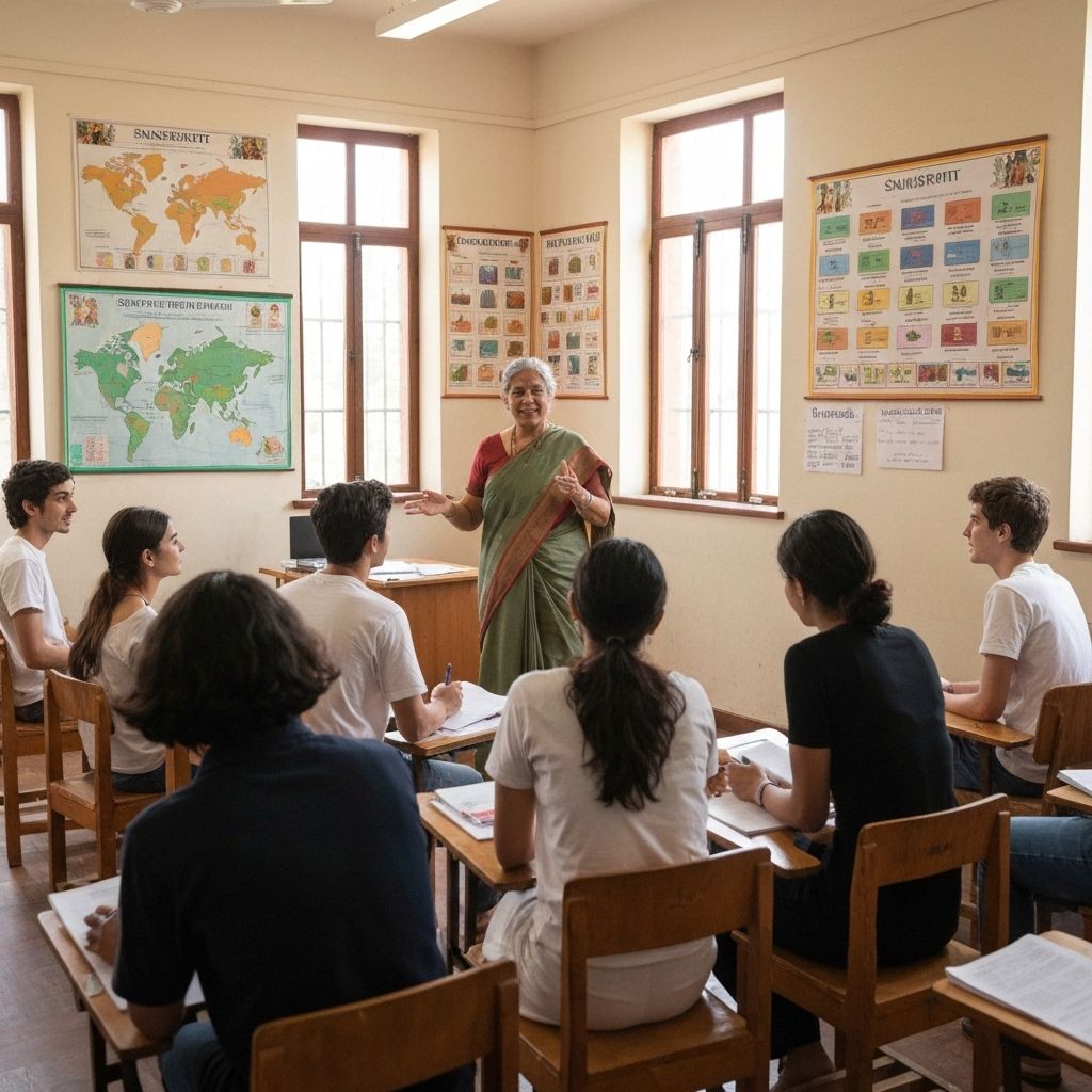 Sanskrit learning journey visualization with Devanagari script, educational materials, and achievement symbols